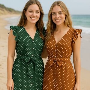 Lot Of 2 Retro Style Polka Dot Button Up Belted Swing Dresses With Pockets Sz L